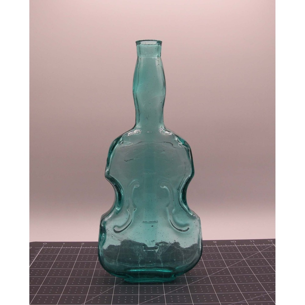 Vintage Aqua Blue Glass Violin Cello Shaped Decorative Bottle Vase 10 Inch